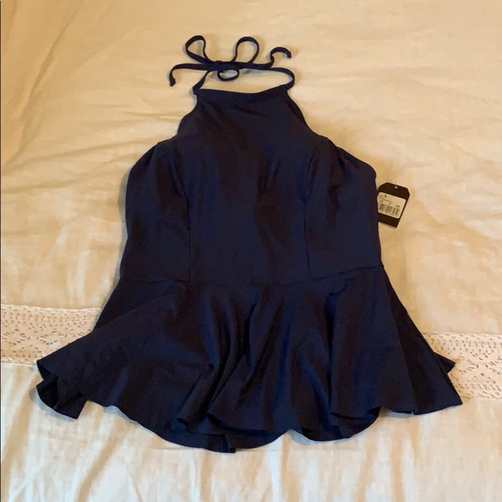 Navy Blue Peplum Halter Tankini Swim Top